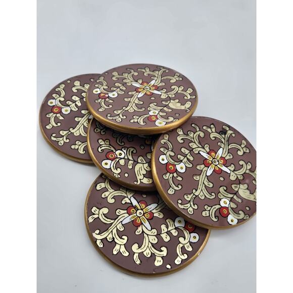 5 MCM Vintage Florentine Style Reverse Glass Painted Coasters Wood Back - Picture 3 of 7